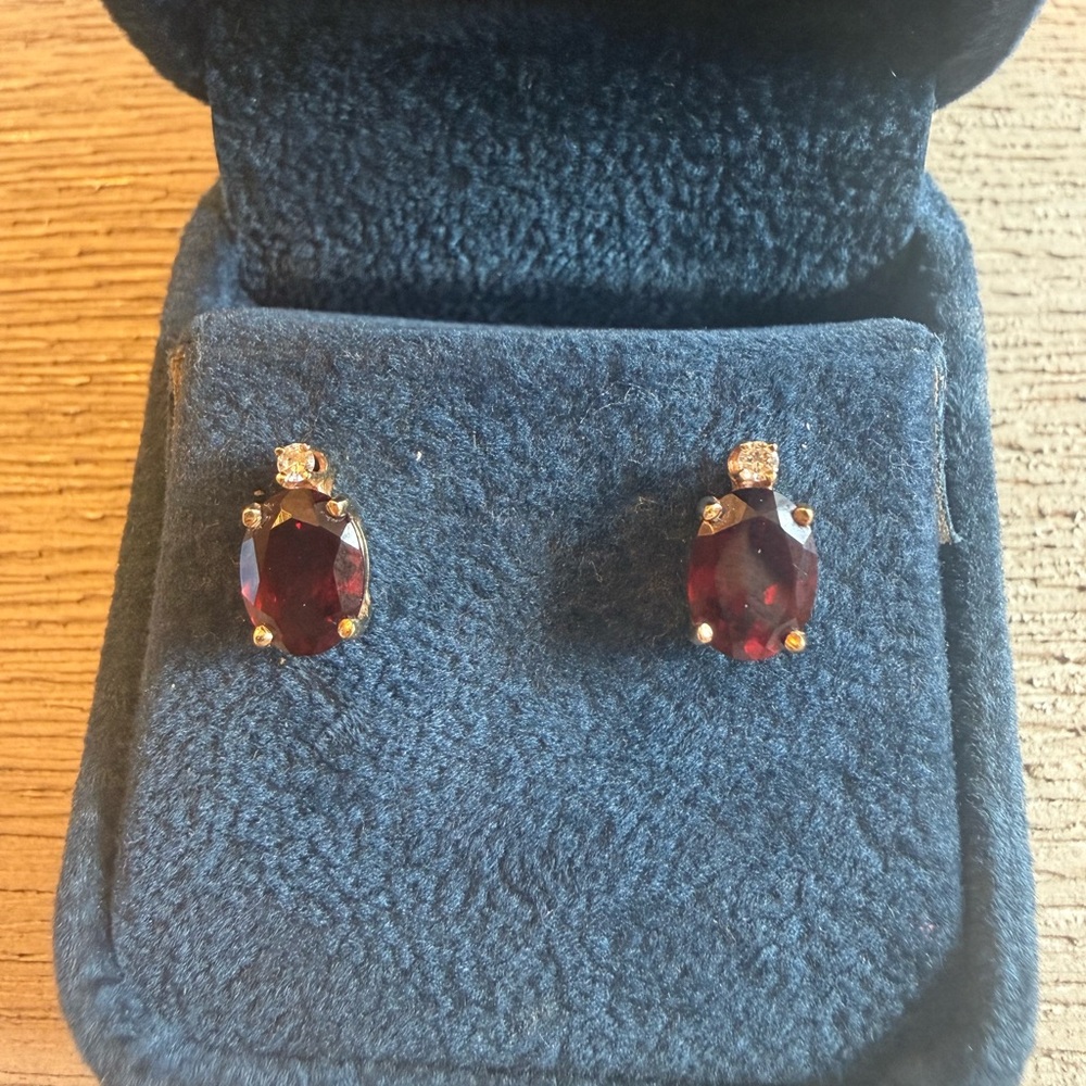 Stunning Deep Red Garnet & Diamond Earrings with Gold
